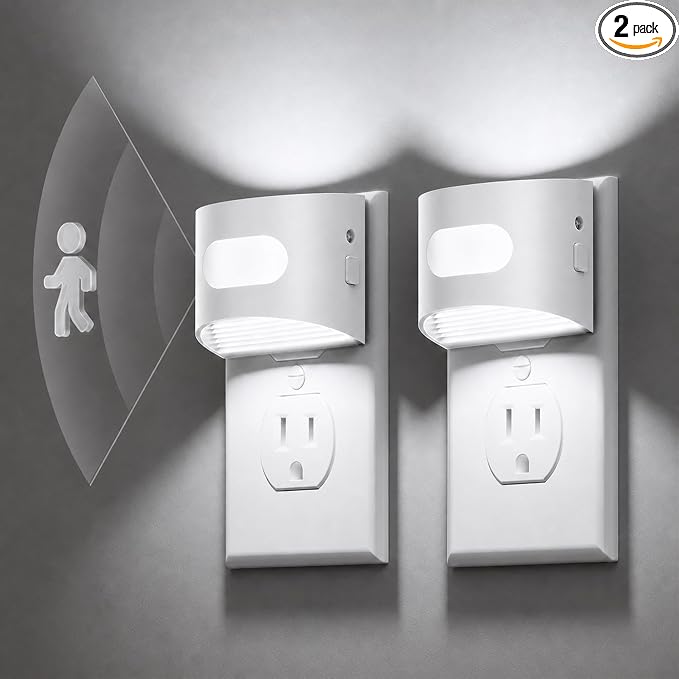 L LOHAS LED Motion Sensor Night Light, Night Lights Plug into Wall, 2 Pack | Plug in Night Light with 30-100lm Adjustable Brightness, White Housing 5000K Daylight White