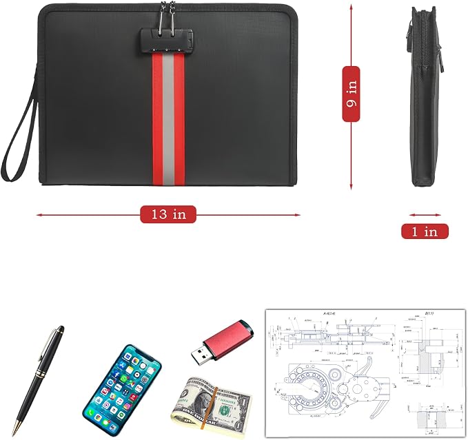 Fireproof Document Bag with Lock,13"×9"×1" Fireproof and Waterproof Cash Bag with Zipper, Premium Fiberglass, Fire Safe Storage for Documents, Passports, Cash, Valuables