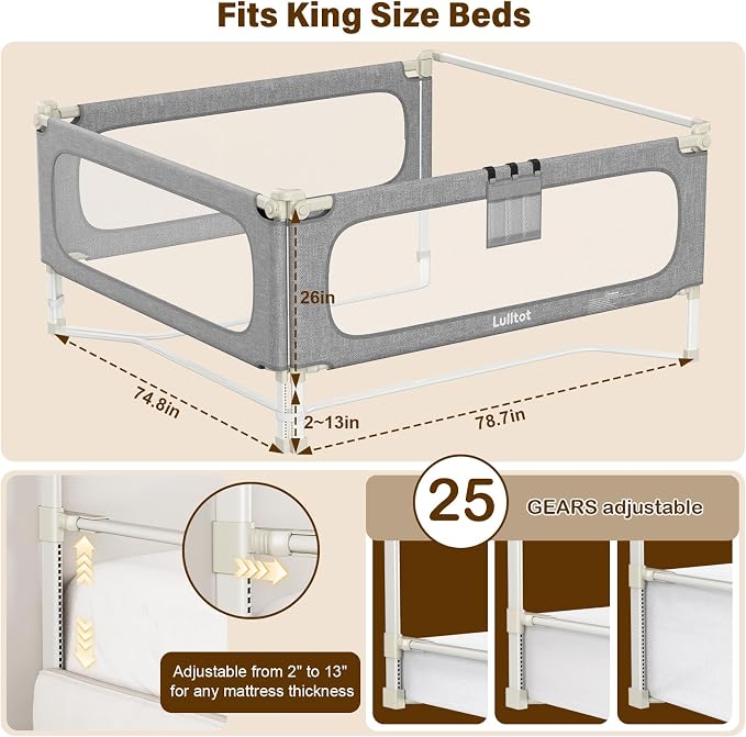 King Size Bed Rails for Toddlers: 3-Piece with Corner Cushion | Stable, Tool-Free Install, Fold-Down & Dual Safety Lock, Side Pocket, Adjustable for 2-13" Mattress, for Baby Co-Sleeping