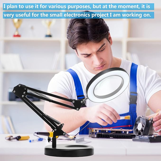 HITTI 12X Magnifying Glass with Light, 1,800 Lumens Stepless Dimmable, 3 Color Modes, 4.2″ Real Glass Lens LED Desk Lamp & Clamp, Magnifier Light and Stand for Crafts, Soldering, Fly Tying, Close Work