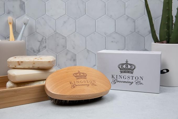 Kingston Grooming Co. Boar Bristle 360 Wave Brush for Men, Hair & Beard | Soft boar hair brush for beards, hair & 360 waves. Military palm style brush. Perfect for normal to thin hair with travel box