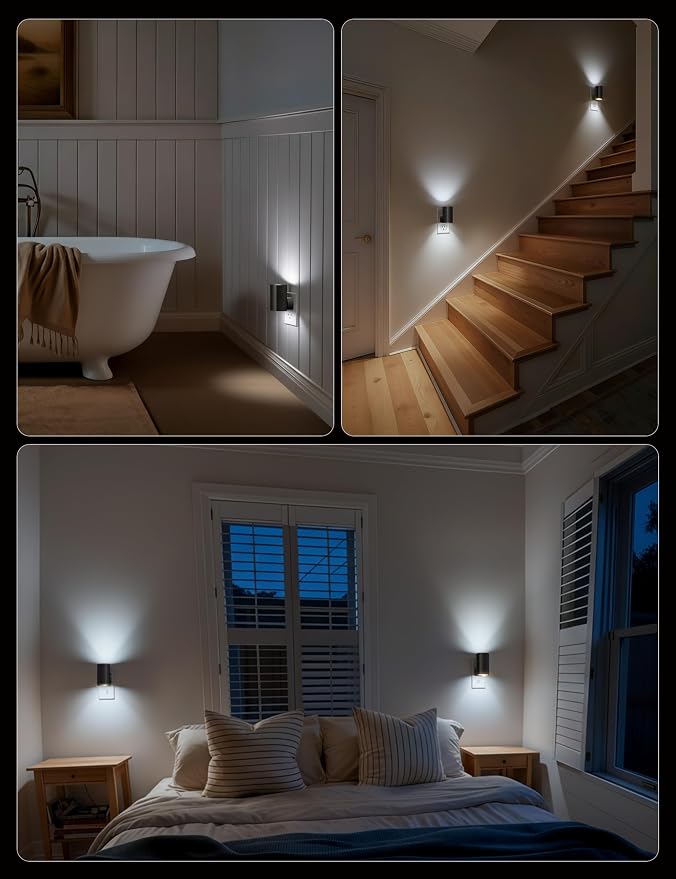Brightown BL-WM-Square-Black-PW-2PC | Modern Night Light with Rotating Plug, Dusk to Dawn Sensor, 0-100LM Stepless Dimming Night Light for Hallway Bedroom Bathroom