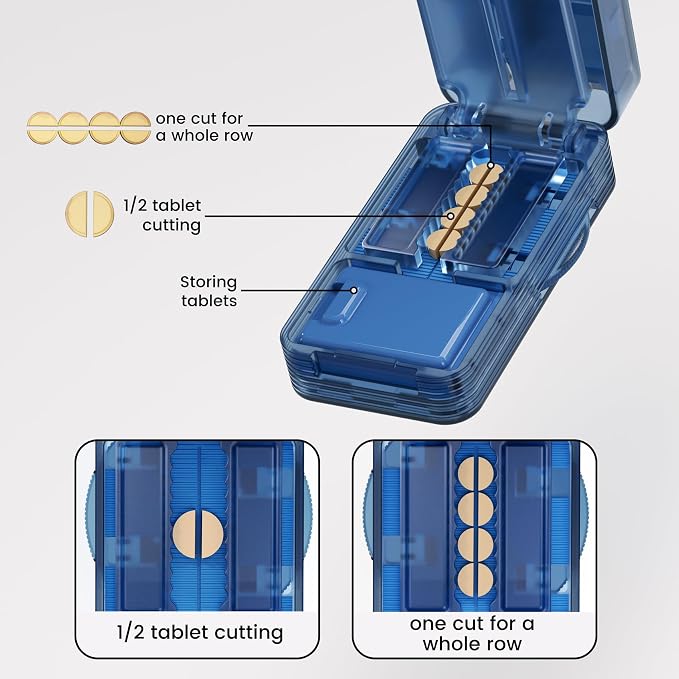 Pill Cutter - 1/2 Pill Splitter for Small Tiny Large Pills with Sealed Storage for Cutting Tablets Vitamins Medication, Portable Travel-Size for Seniors Pets (Blue)