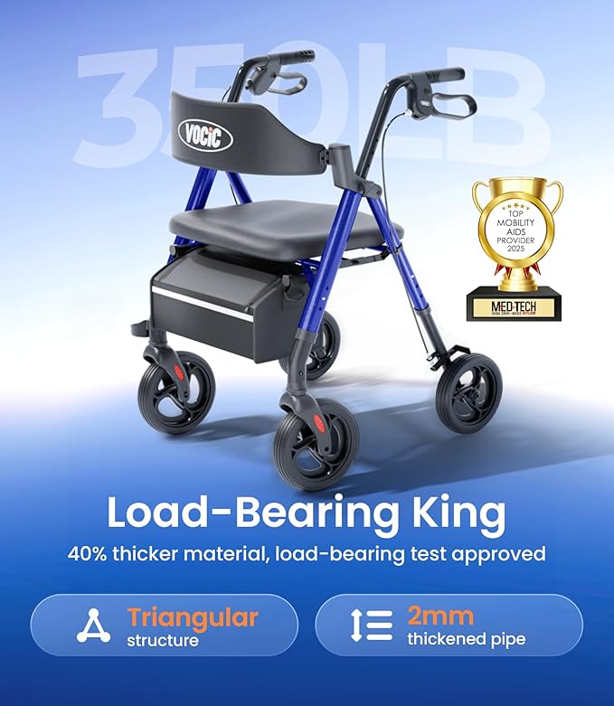 VOCIC Walkers for Seniors, Z21 Rollator Walker with Seat Supports 350lb, 8" Big Wheels for All Terrain, Ergonomic Arc Seat & 6" Ultra Backrest Foldable Walker, Dual Height Adjustment, Lightweight 2025