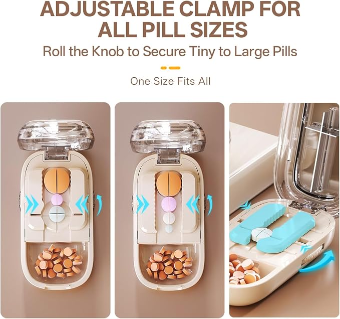 Pill Cutter Splitter for Small and Tiny Large Pills,Adjustable Pill Splitter Push-Button Cuts into 1/2, 1/3, 1/4，Comes with a Small Brush and a Medicine Storage Box (Cream, 1/2, 1/3, 1/4 Slices)