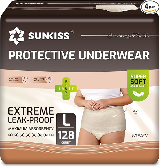 SUNKISS Women Incontinence Underwear, Daytime Disposable Postpartum Adult Panties, Protective Pull Ups with Maximum Absorbency, Large, Beige, 128 Count