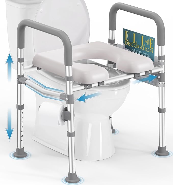 HOMLAND Toilet Seat Risers for Seniors with Handles, Dual-Crossbar, 400lb | Adjustable Height and Width, Padded Seat, Aluminum Reinforced Frame, Raised Handicap Elevated Toilet Seat Fit Any Toilet