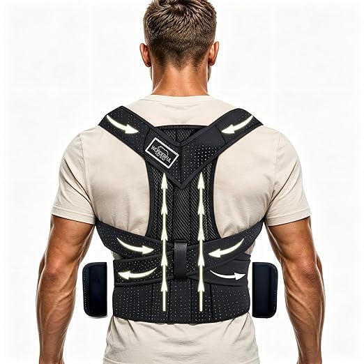 LifeLove Adjustable Posture Support Brace for Upper Back & Shoulders, Fits Height Under 200cm & Waist Under 120cm (Shoulder 105cm, Waist 115cm, Back 40cm), One Size (Black White, One Size Fits Most)