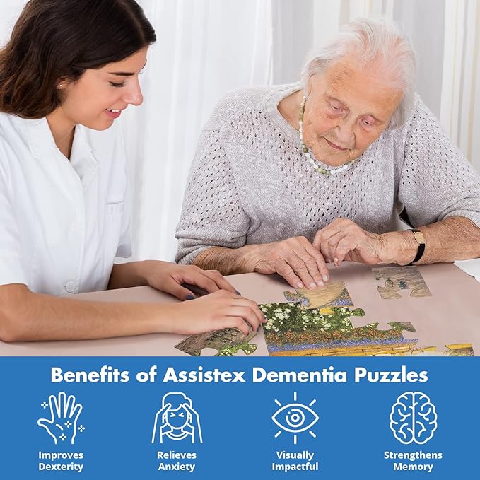 Assistex Large Piece Jigsaw Puzzle for Seniors with Dementia with Conversation Prompts, Large Piece Memory Game for Adults, Elderly, and Dementia Patients – Country Home Puzzle, 16 pcs