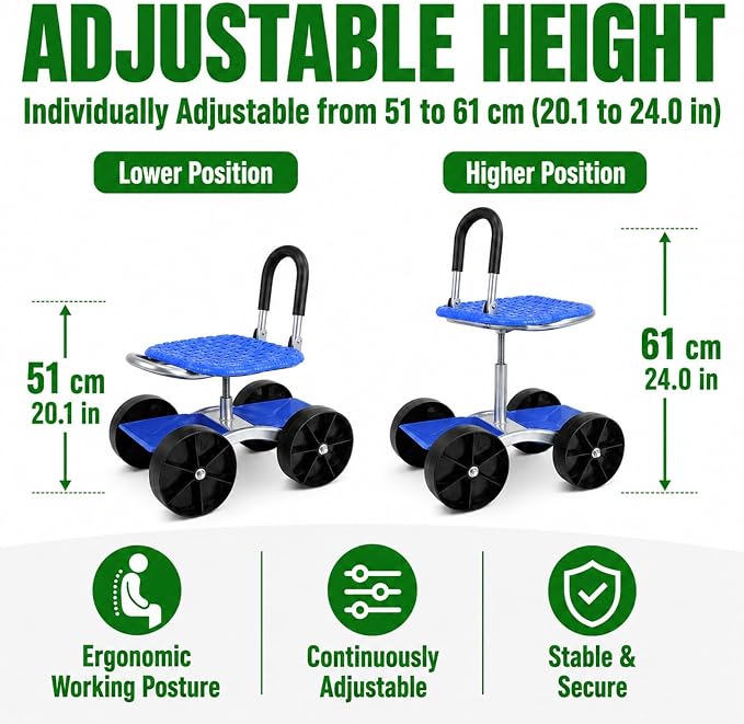 Rolling Garden Seat with Wheels, Adjustable Garden Scooter Stool with Backrest,Garden Cart with Tool Storage Tray & Backpack, Gardening Work Seat for Weeding, Planting, Yard Work (Without Backpack 3)