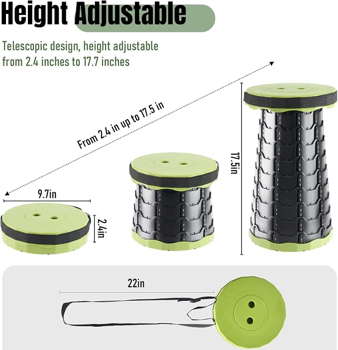 Doseno Portable Collapsible Stool, Pop Up Stool, Retractable Camping Seat | Height range 2.4-17.5 in; thickened PP, 2 lb design and shoulder strap for fishing, hiking, BBQ, travel, and outdoor use.