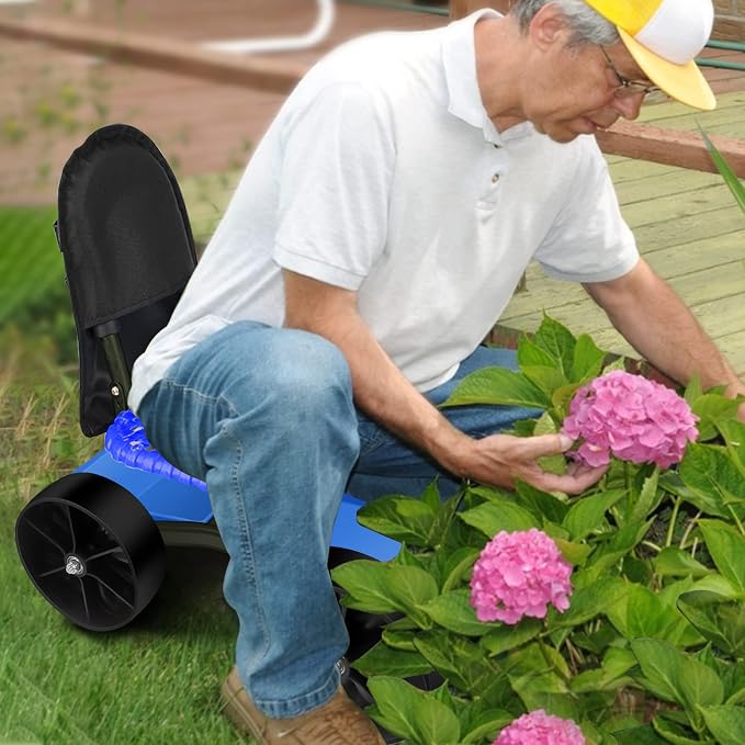 i Cover Garden Cart Rolling Stool with Four Wheels and Tool Bag, Stable Workseat Sturdy Carts Adjustable Seat Height and Direction, Gardening Helper, Blue