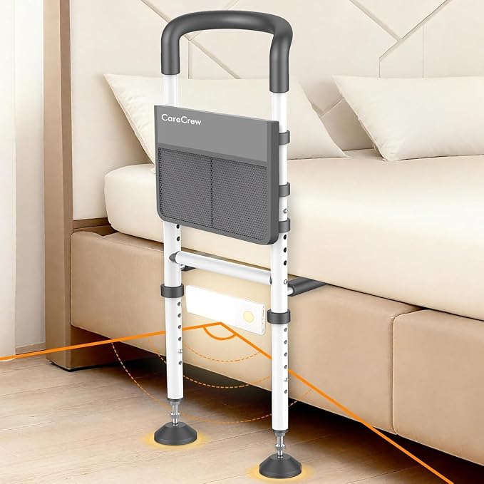 Bed Rails for Elderly Adults Safety: Bed Rails for Seniors with Motion Lights & Storage Pouch, Adjustable Bedside Grab Bar, Bed Cane with Strong Support Leg