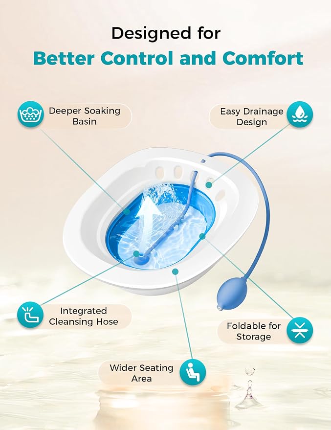 Pochik Sitz Bath for Toilet Seat Hemorrhoids and Postpartum Care, Yoni Steam Seat, Perineal Soaking, Collapsible, Flusher Hose, Drain Holes, Wider Seating Area - Blue