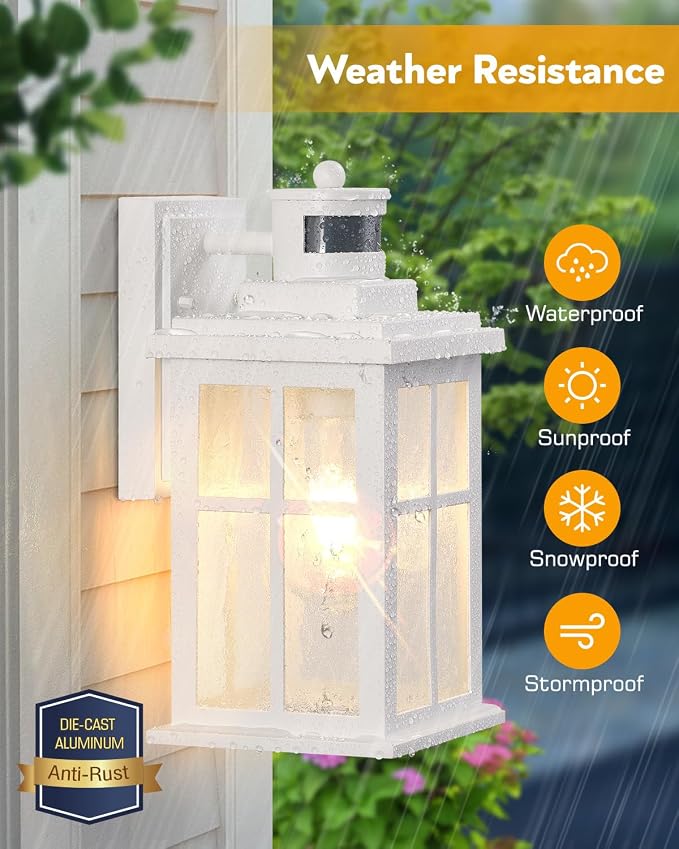 VIANIS White Motion Sensor Outdoor Wall Lights, Front Porch Lights Outdoor | Anti-Rust Waterproof Exterior Lighting Fixtures Wall Mount, Dusk to Dawn Outside Garage Lights, Outdoor Wall Sconce Lantern