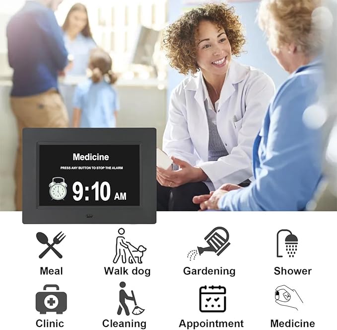 TSITSC 7 Inch Digital Day of The Week Clock Extra Large Non-Abbreviated Dementia Day and Date Time Clocks for Seniors Elderly Impaired Vision Memory Loss 12 Alarm Reminders + Auto-Dimming(Black)