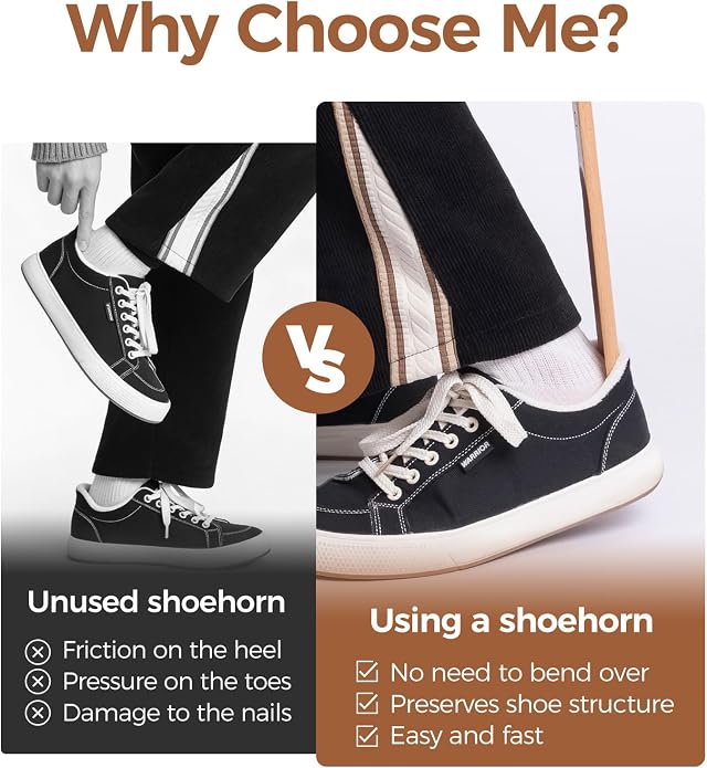 Magnetic Wooden Shoe Horn Set - 19.6" Long & 11.8" Short Handled Shoehorn for Seniors, Men and Women - Drill-Free Wall Mounted Premium Beech Wood Shoe Horns, Slip On Shoes Without Bending