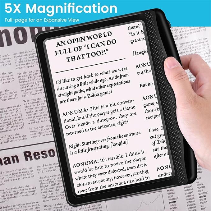 Rechargeable 5X Magnifying Glass for Reading, Large Bright Full Page Magnifier with Light, Handheld LED Dimmable Lighted, Lightweight Book Magnifier for Reading Small Prints Seniors Low Vision