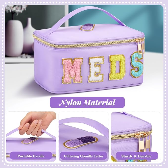 Geetery Clear Makeup Bag Chenille Letter Meds Bag Travel Cases Preppy Patch with Zipper, Portable Cosmetic Toiletry Storage case for Women(Meds,Purple)