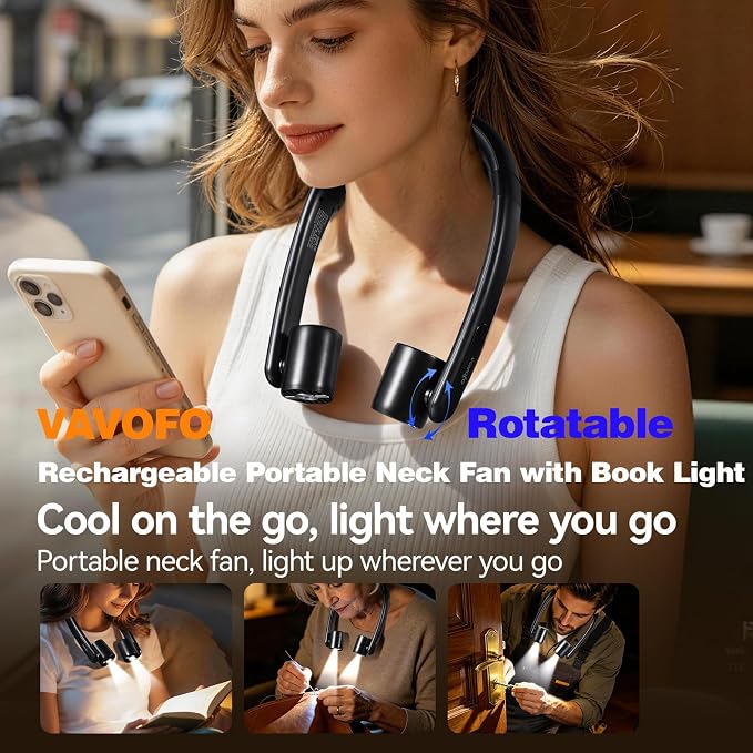 VAVOFO Portable Neck Fan with Book Light, Hands Free Wearable Cooling Fan | 6000mAh Rechargeable, 3 Speeds, 250° Adjustable, Ideal Gift for Reading, Travel, Office, Hiking, Fishing & Sports