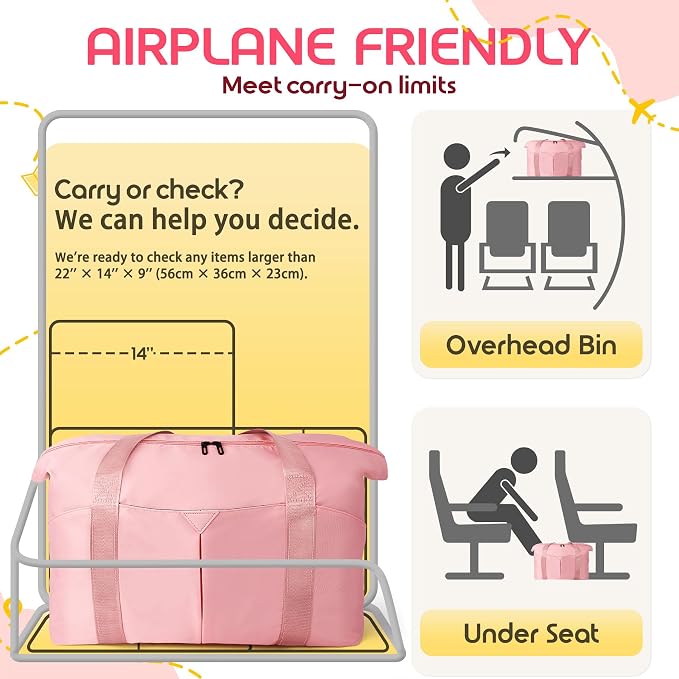 Duffle Bag for Travel, Carry-on Travel Bag with Trolley Sleeve, Sport Gym Bag for Women, Overnight Bag for Men, Hospital Bag for Labor and Delivery (Pink)