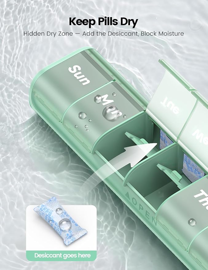 Weekly Medicine Pill Organizer, 7 Day Daily Pill Box Case Travel with Portable Handle, Moisture-Proof Desiccant & Secure Hinges for Vitamins, Medication Supplements