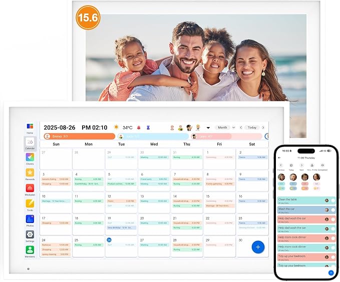Digital Calendar 15.6" Digital Wall Planners for Family Schedules, Electronic Calendar with 1920*1080 Interactive Touchscreen, Digital Photo Frame Built-in 64GB Memory, Smart Calendar-White