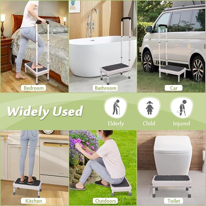 Medical Step Stool with Handle for Elderly Bed Steps for High Beds Adults Bedside Steps with Rail Safety Handicap Bed Stairs Seniors Adjustable Platform Heavy Duty Stepping Stool