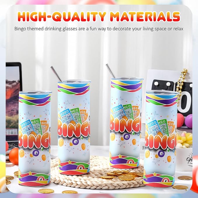 Geiserailie 4 Pack Bingo Tumbler Cups 20 oz Game Gifts Stainless Steel Tumbler with Lids Prizes for Seniors Mom Grandma Dad (Classic)