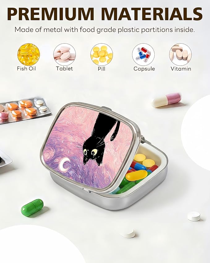 LRITER Pill Case, 2 Compartment Portable Small Travel Pill Organizer for Purse and Pocket, Stylish Medicine Case with Multiple Patterns, Daily Pillbox for Home & Travel (Pink Starry Sky Cat)