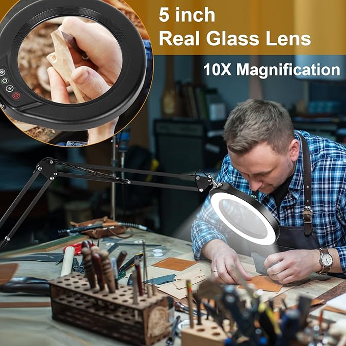 VEEMAGNI 10X 5 Inch Large Real Glass Magnifying Glass with Light and Stand, 5 Color Modes Stepless Dimmable, 2*16 Inch Swivel Arm LED Clamp Desk Lamp, Hands Free Lighted Magnifier for Close Work Craft