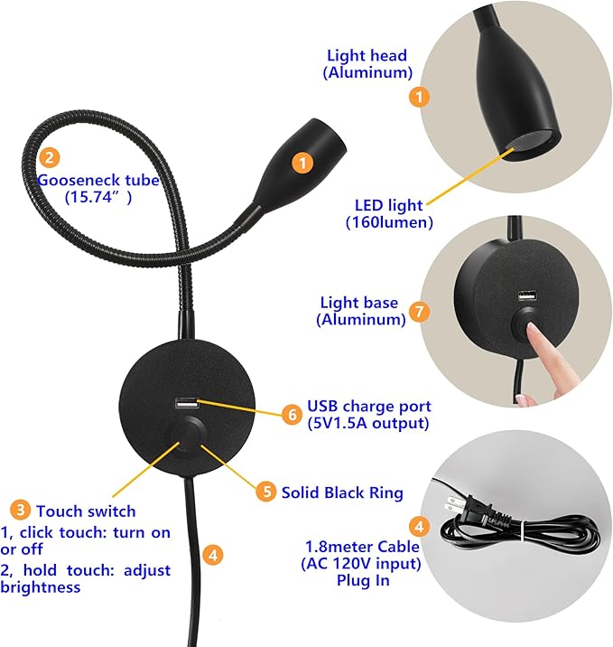 LED Wall Reading Light with USB Charging Port, Dimmable Gooseneck Bedside Lamp, Flexible Arm, 3W (Black, 120V Plug in, Warm White)