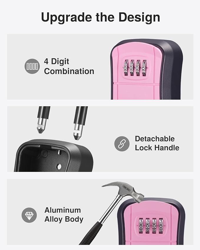 Puroma Key Lock Box Outdoor 4 Digit Code Combination Lockbox House, 1 Pink | For Contractors Guest Realtor Storage Keys, Portable, Home Wall Mount, Resettable, Combination, Weatherproof, High-capacity