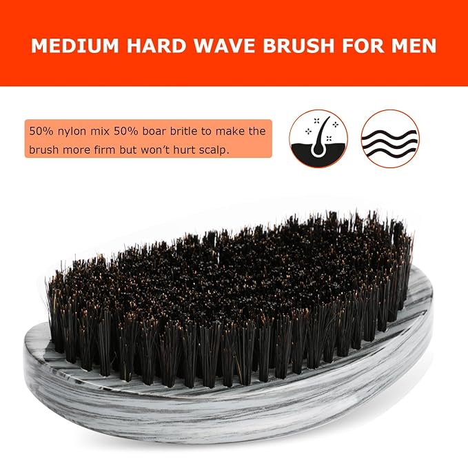 Curved Wave Brush for Men 360, Medium Hard Palm Hair Brushes Boar | Nylon Mix Boar Bristles for Black Hair Wavers to Creating 360 Waves & Beard Daily Use (Grey)