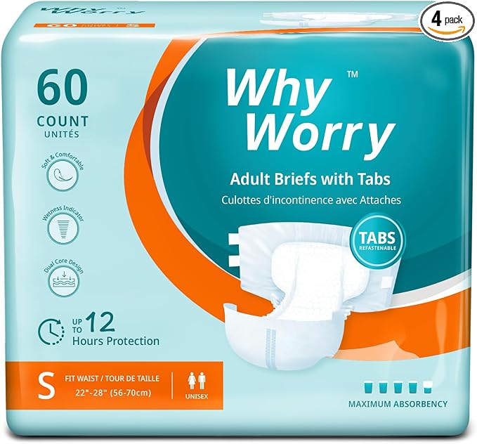 WhyWorry Adult Diapers with Tabs, Maximum Absorbency, Small, 60 Count | Disposable Incontinence Briefs, for Women & Men, Leak-Proof Diaper, Overnight Protection, Odor Control, Unisex, 4 Packs of 15