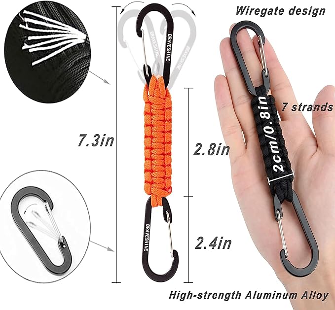 BRAVESHINE Paracord Keychain Carabiner Clip | D Ring Hanger Lanyard Hook | 7.3inch Long | for Stroller, Water Bottle, Key, Backpacks, Men, Women, Luggage, Car Seat Headrest, Fence, Bag Charms