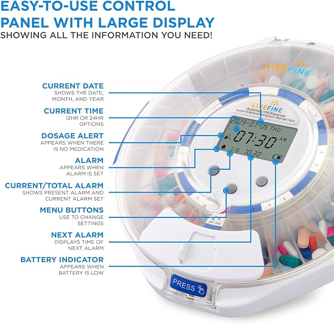 LiveFine Automatic Pill Dispenser with 28-Day Electronic Medication Organizer, 6 Dosage Rings, LCD Display with Sound & Light Alerts, Key & Magnifying Glass for Prescriptions, Vitamins & Supplements