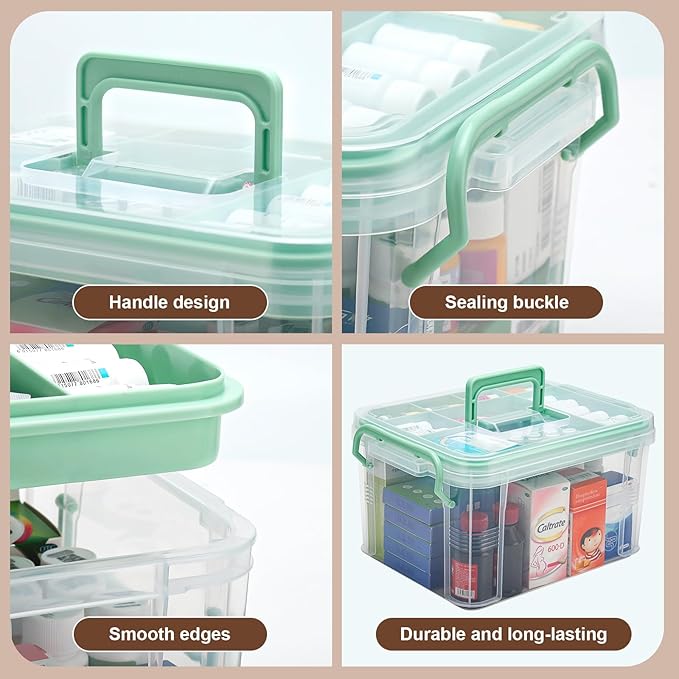 2 Pack Clear Medicine Organizer Storage Box with Handle & Tray - Thickened Plastic Empty First Aid Box, Multipurpose Medical Container with Lids/Labels, Medication Caddy for Home, Baby, Elderly, Dorm