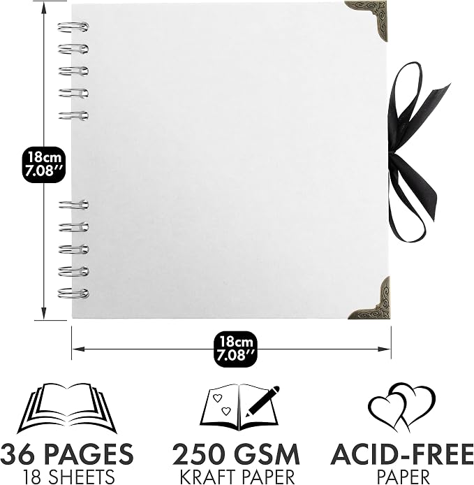 Bstorify Square Scrapbook Photo Albums 36 Pages (7 X 7 Inch) White Thick Paper, Hardcover, Metal Corners, Ribbon Closure - Ideal for Your Scrapbooking Albums, Art & Craft Projects