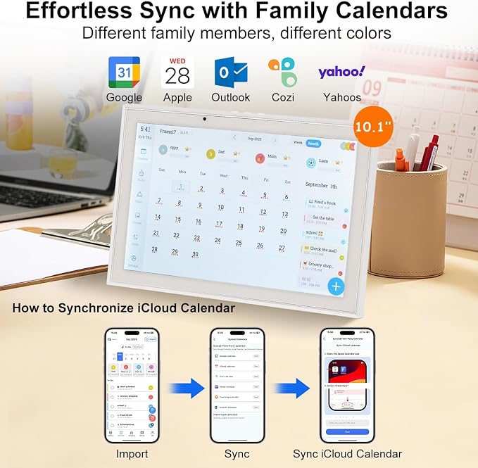 Digital Calendar 10.1'' WiFi Smart Family Calendar,Sync with Google, Apple & Outlook,Touchscreen Interactive Chore Chart & Cloud Photo Frame,Wall Mounted Family Command Center, Ideal Gift for Mom Dad (No Subscription Fees)