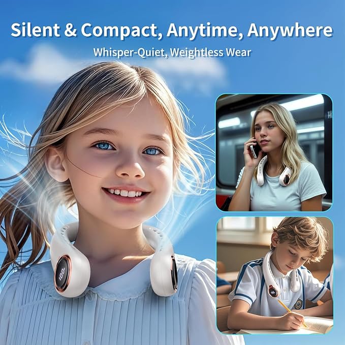 Portable Neck Fan with 6000mAh USB - Rechargeable Battery, Ultra-Light Bladeless Neck Fan LED Display, 360° Cooling Wearable Fan, 3 Speeds