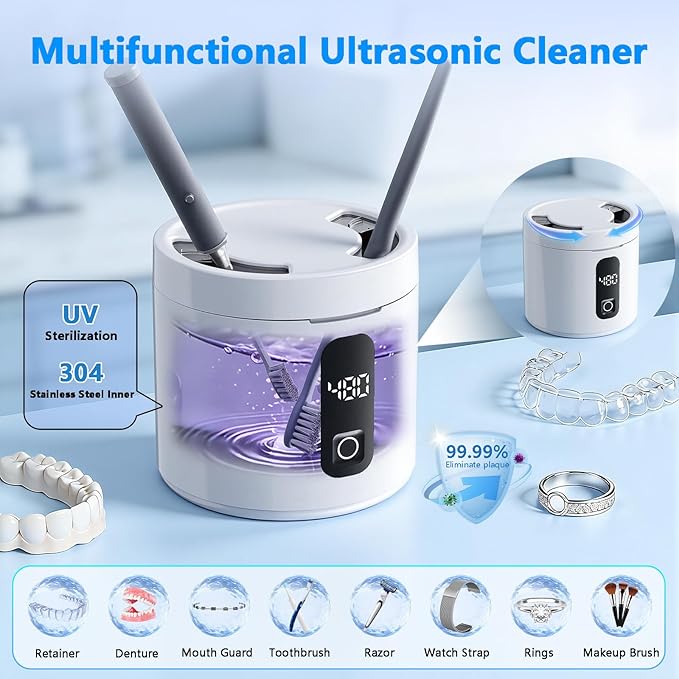 Ultrasonic Retainer Cleaner Machine, 2026 Upgraded Rechargeable 4000mAh Battery | 48kHz Ultrasonic Dental Pod for Night Guard, Invisalign, Braces, Denture, Toothbrush and Jewelry Cleaning - White