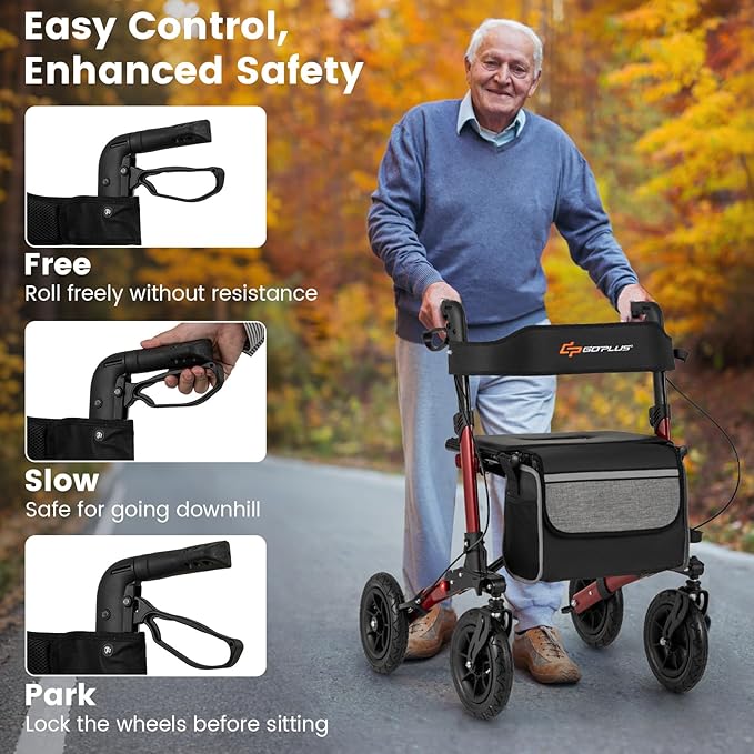 Goplus Walkers for Seniors with Seat, 2 in 1 Folding Rolling Rollator Walker with 9" Pneumatic Tires for All Terrain, Height Adjustment, Ergonomic Backrest, Aluminum Adult Mobility Walking Aid