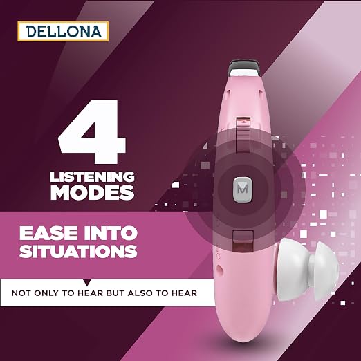 DELLONA High-Performance Hearing Aids for Seniors, OTC Rechargeable Hearing Aid for People with Severe Hearing Loss with Intelligent Noise Reduction (Pair), 4 Modes - Comfortable Hearing Aid devices for elderly, Over The Counter Hearing Aids (Pink)