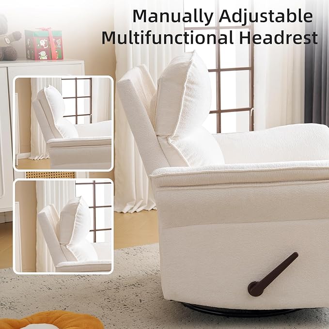Oversized Recliner Chair, 24" Extra Wide 360° Swivel Rocker Recliner with Adjustable Headrest, Chenille Glider Rocking Nursery Chair with Overstuffed Armrest, Lumbar Support, White