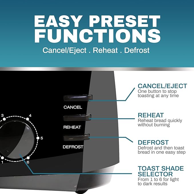 Elite Gourmet ECT4829B Long Slot 4 Slice Toaster, 6 Toast Settings Toaster Defrost, Reheat, Cancel Functions, Slide Out Crumb Tray, Extra Wide Slots for Bagels Waffles, Black