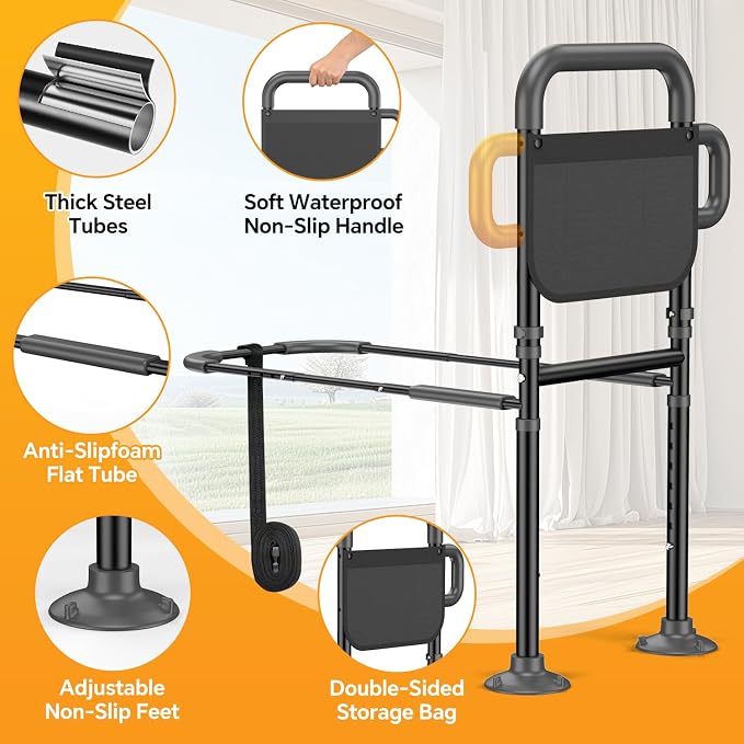 Bed Rails for Elderly Adults Safety – Adjustable Height Bed Assist Rail for Seniors, 400lb Capacity, ASTM Approved, Non-Slip Handle, Fixing Strap & Storage Pocket (Twin/Full/Queen/King)