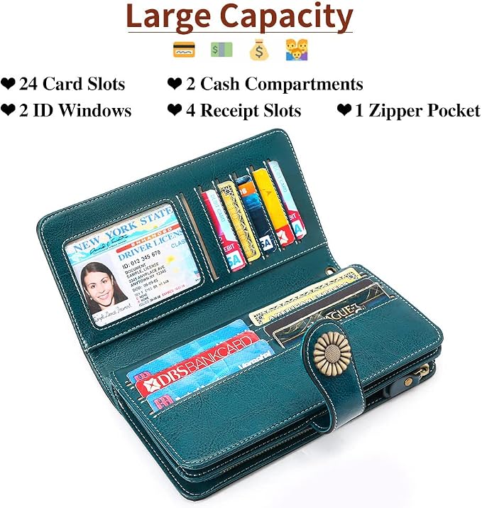 SENDEFN Wallets for Women Leather Credit Card Holder with RFID Blocking Large Capacity Wristlet | with RFID Blocking