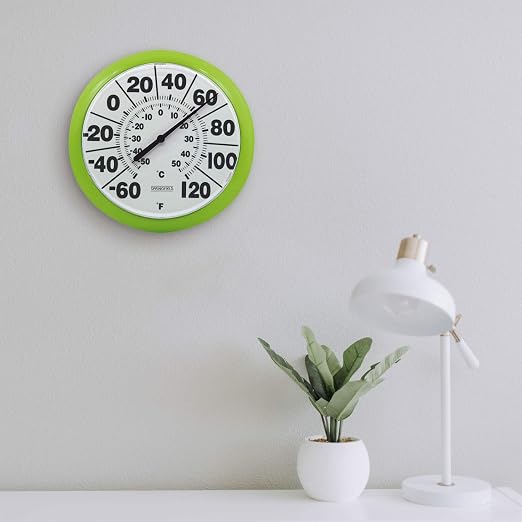 Springfield Indoor Outdoor Big and Bold Dial Thermometer, Wireless Thermometer with Easy to Read Numbers for Patio, Pool, and Indoor Areas, 8-Inch, Green