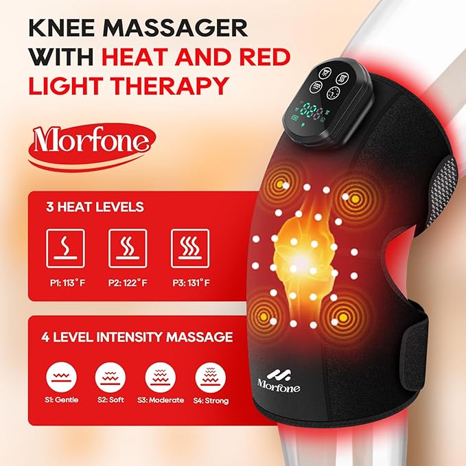 Morfone Red Light Therapy Device for Knee,3 Vibration Modes and 4 Heating Levels,5000mAh Wireless Rechargeable, 660nm and 850nm Infrared Red Light Therapy for Knee Pain Relief,Gifts for Women Men